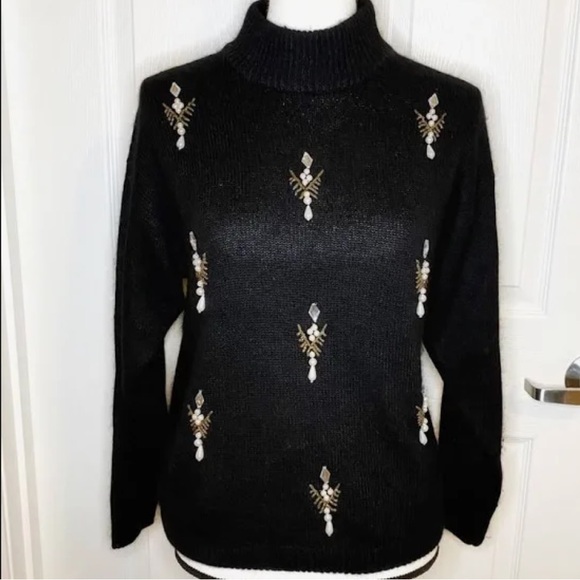 Cezanne Black Turtleneck Sweater with Beaded Pearl Embroidery - Picture 3 of 6